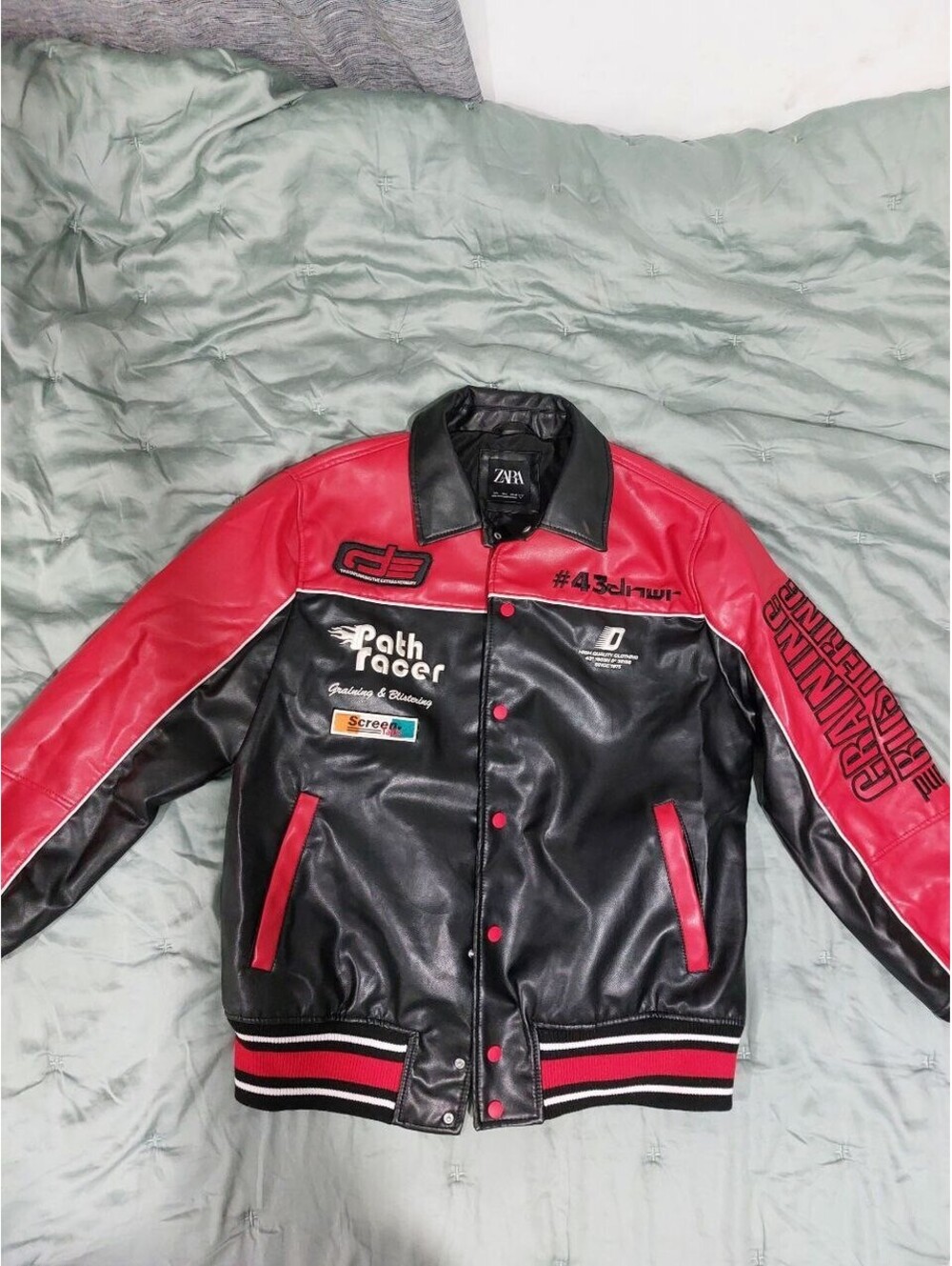 Zara Men's Path Racer Biker Jacket Red Faux Leather Size Large Pre-Owned